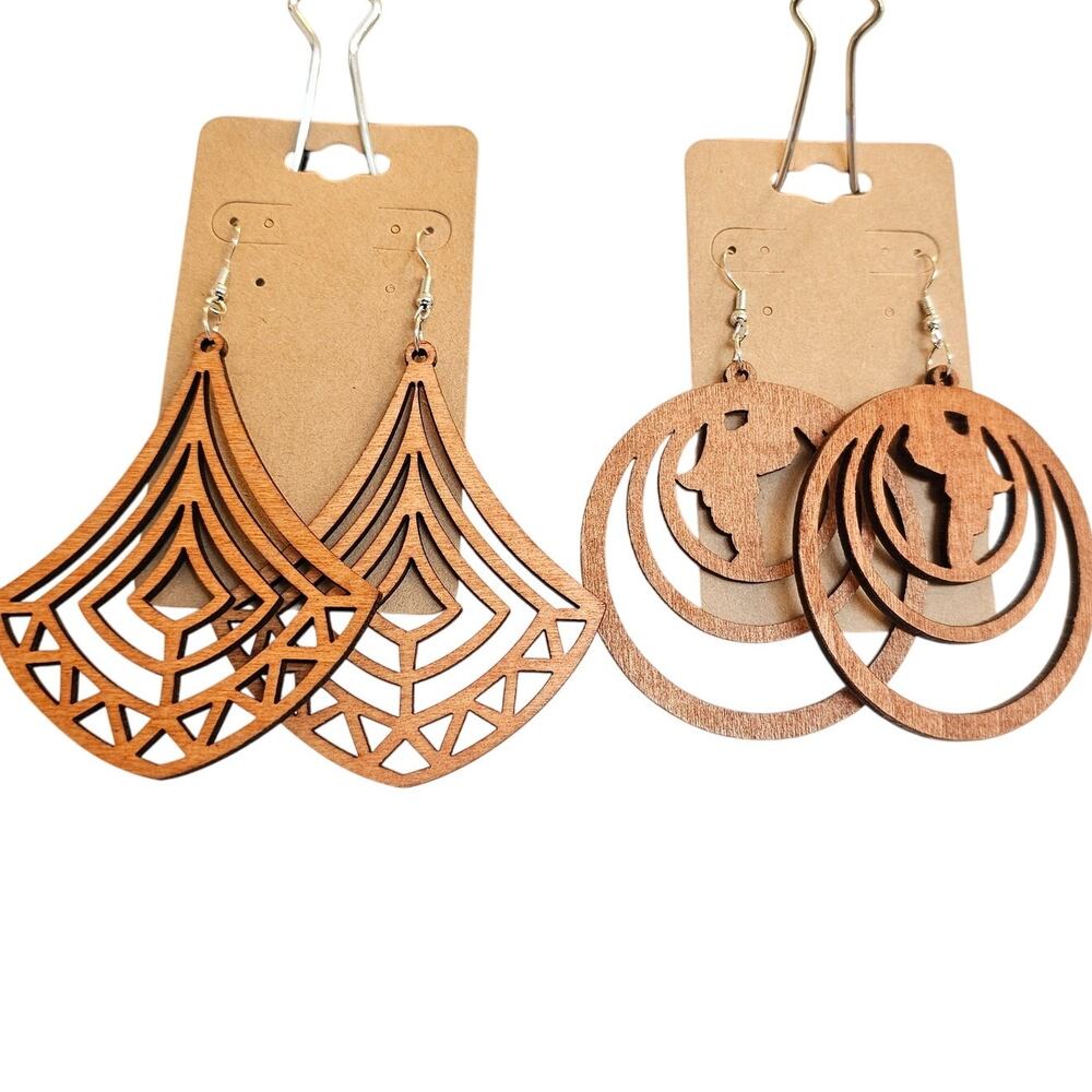 Laser Cut Wooden Earrings African Geometric Dangle Jewelry Lightweight Boho Gift
